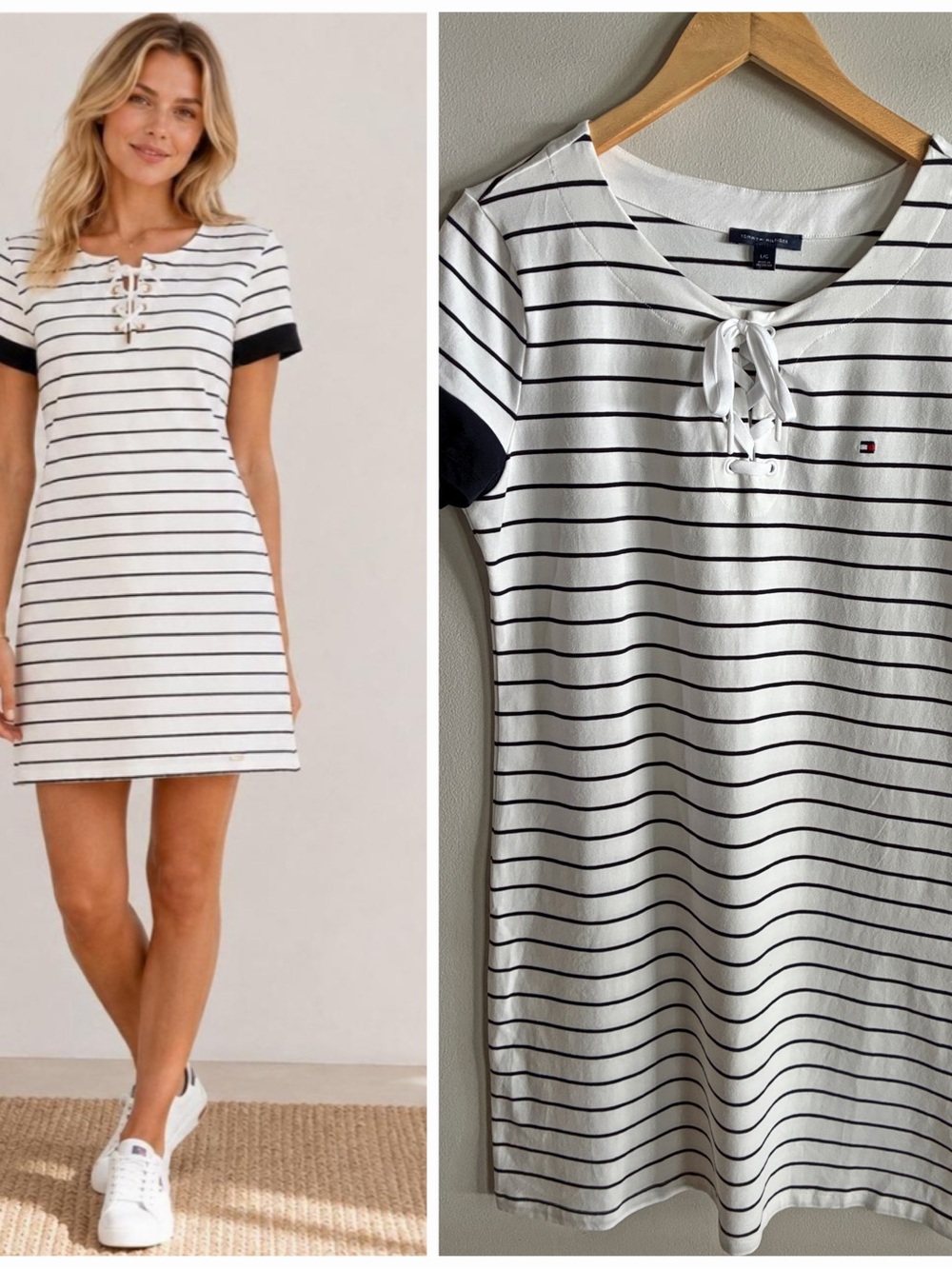 Tommy Hilfiger Striped Lace Up T-Shirt Dress White Navy Size L Large Nautical